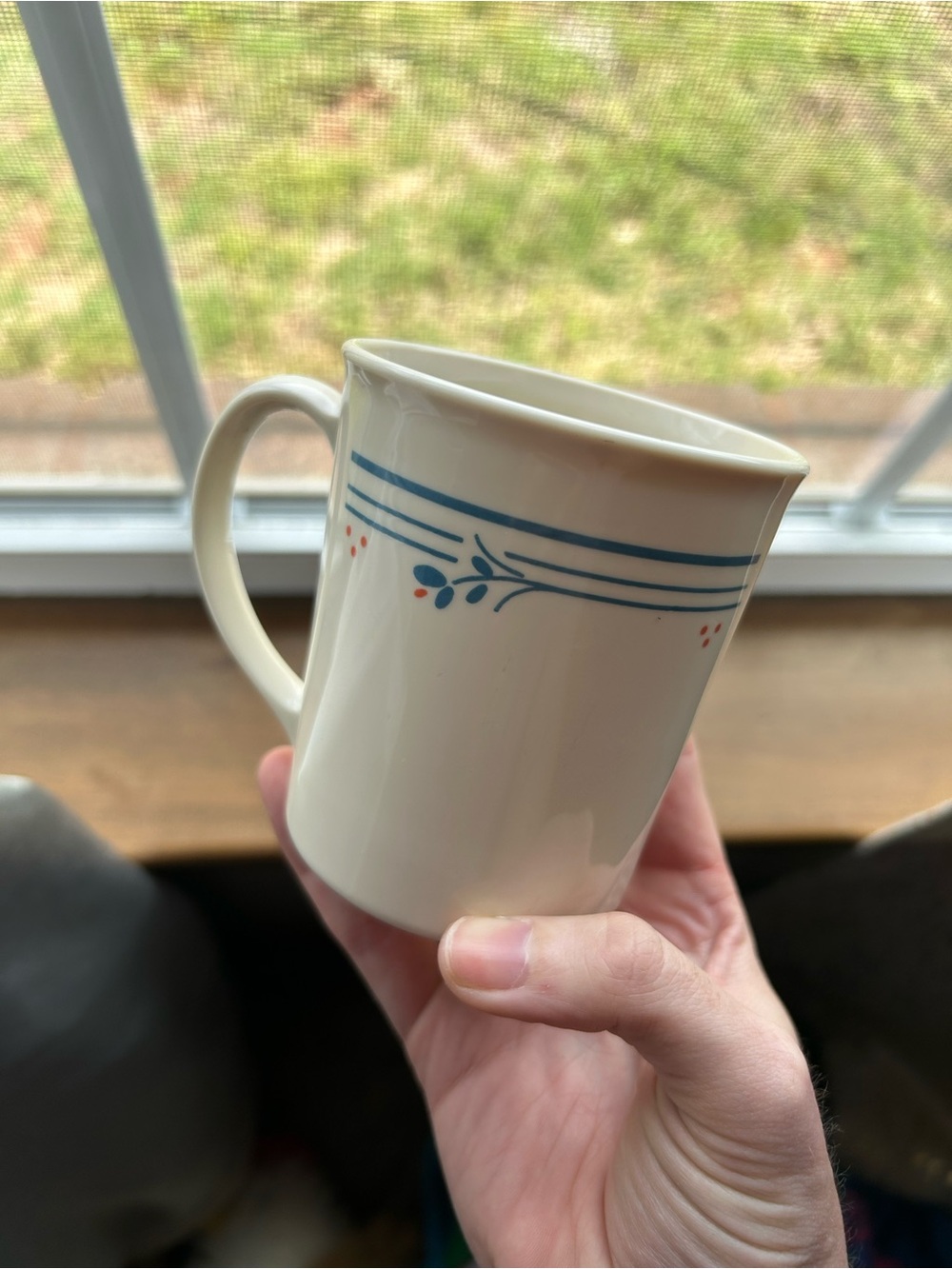 Corningware Cream Mug with Blue Band and Orange Floral Dots